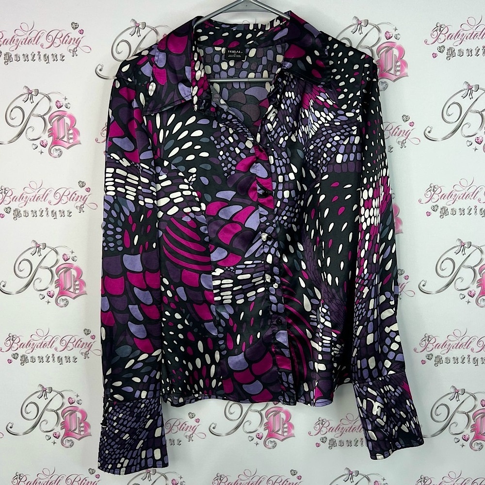 Tribal button up dotted shiny pink collared Black and Purple Button Down Shirt
